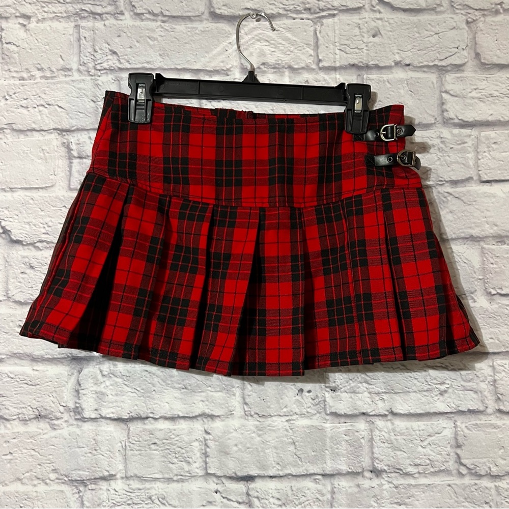 Abbey Dawn Y2K Red Black Plaid Pleated Mini Skirt